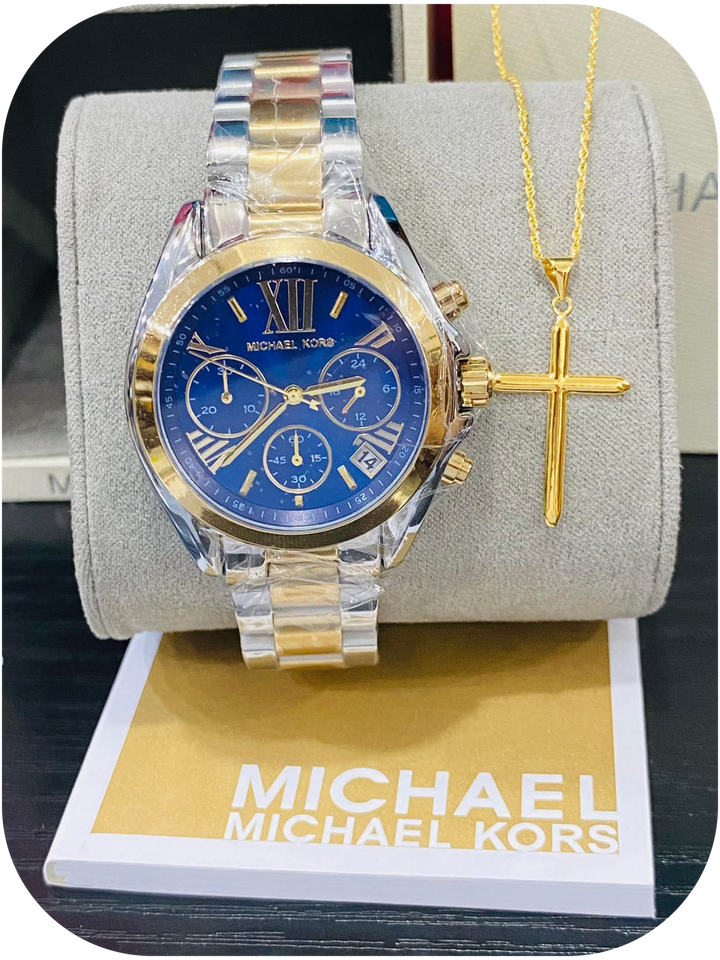 Michael Kors wristwatch paired with a gold cross pendant necklace